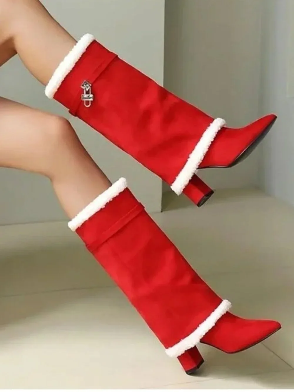 AIJIVOU Size 9.5 Boots Red Fold Over Padlock Mid Calf Pointed Toe Fur Trim